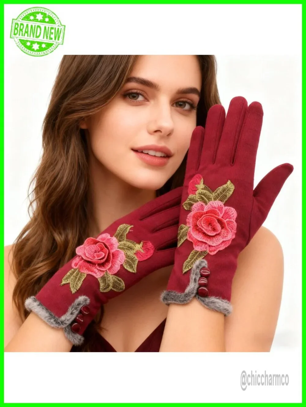 Winter Warm Mittens Fleece Lining Touchscreen Fingertips Embroidered Flowers